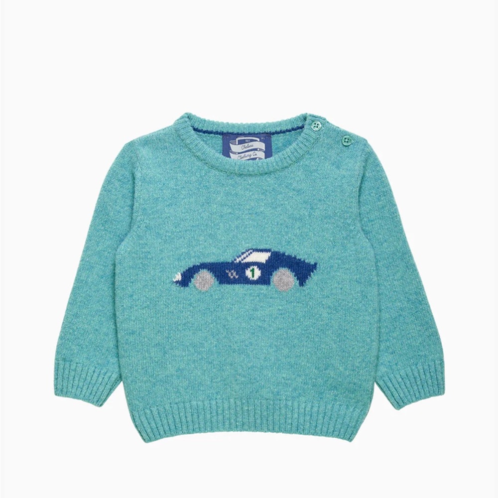 TROTTERS SEBASTIAN SWEATER 12 months. Blue Sweater with Car Design